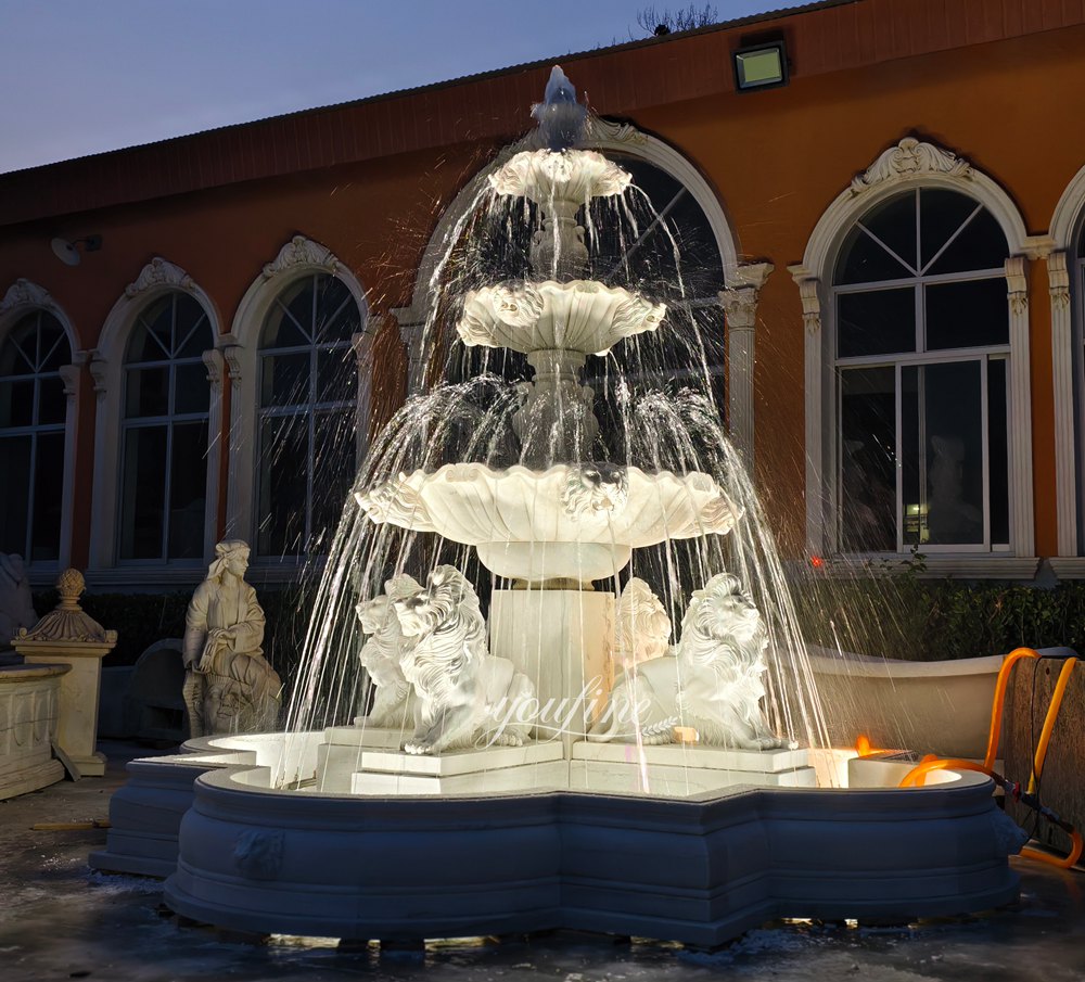 marble Sitting lion sculpture tiered fountains with lighting feedback