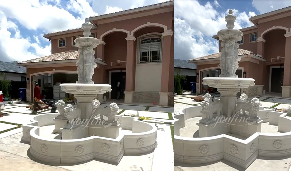 marble Walking lion and standing female sculpture tiered fountains feedback