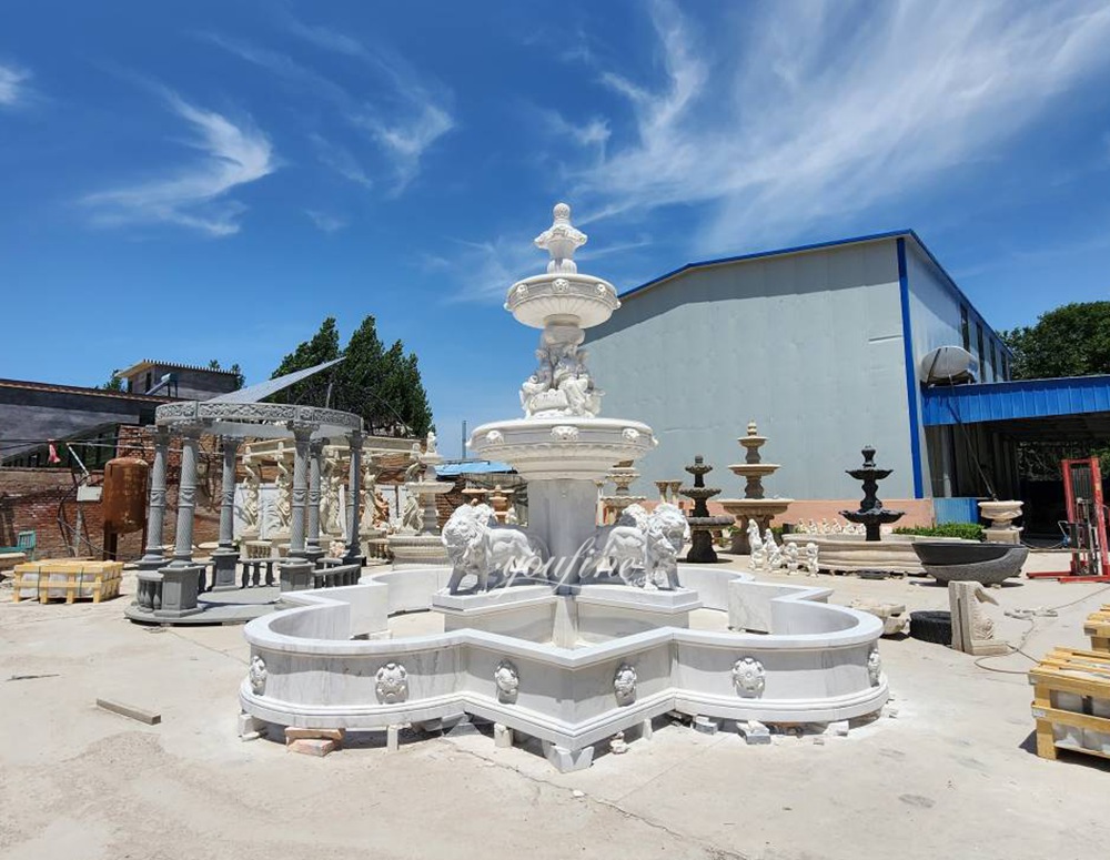 marble lion and sitting female statue with tiered fountains factory supplier