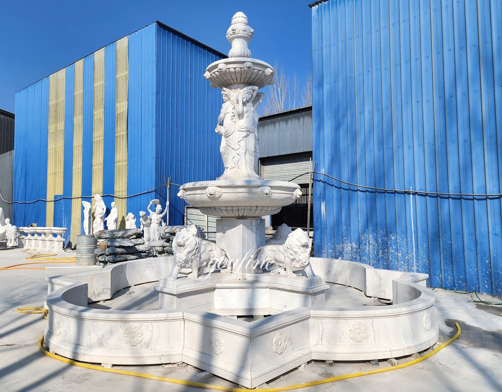 marble lion and standing female sculpture tiered marble fountains factory supplier
