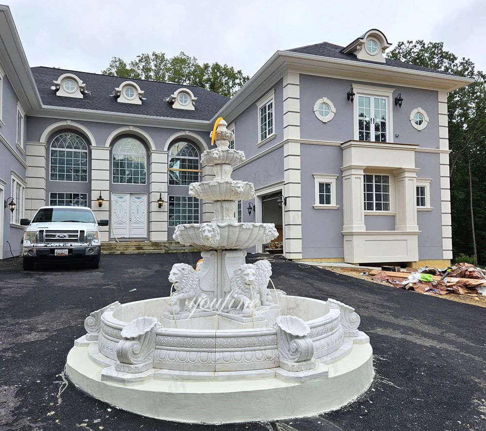 marble Sitting lion sculpture stepping on a ball tiered fountains feedback