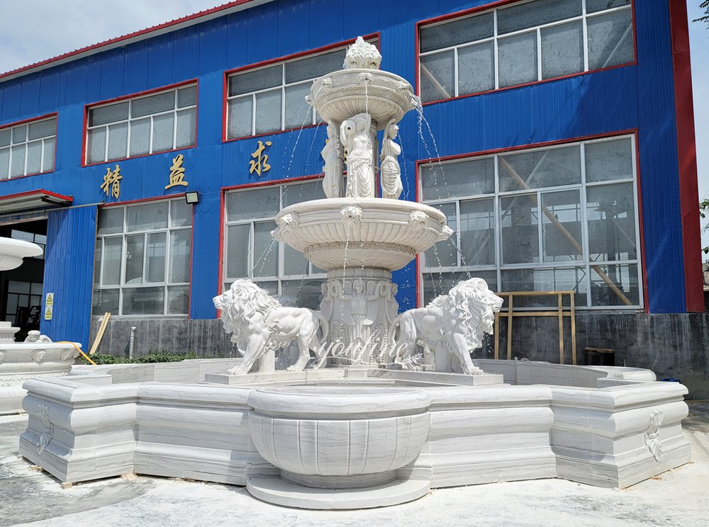 marble walking lion sculpture and standing female sculpture tiered fountains factory supplier