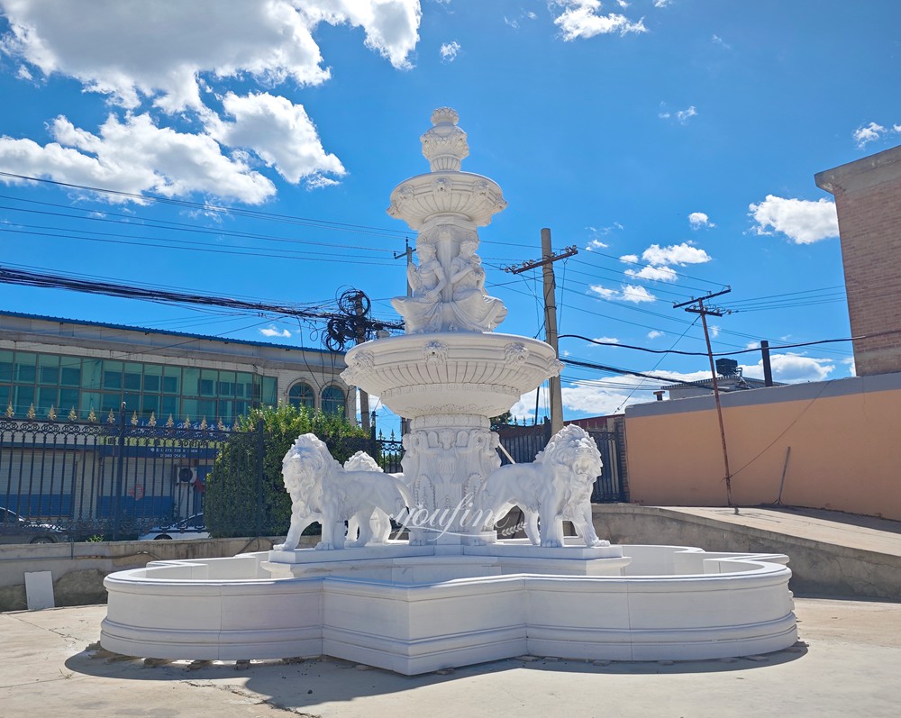 marble white lion and sitting female sculpture with tiered fountains factory supplier