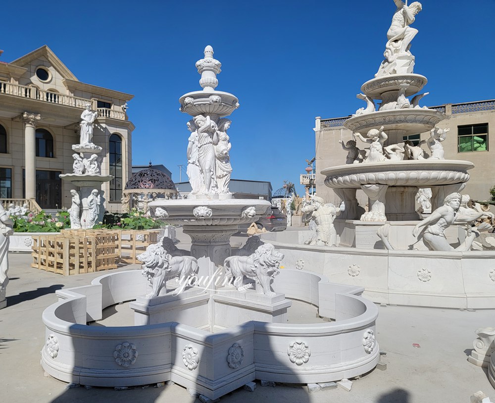 marble fountain with standing lion and woman sculptures factory supplier