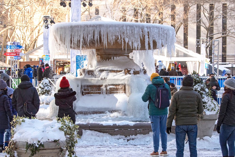 outdoor large marble fountain in snow