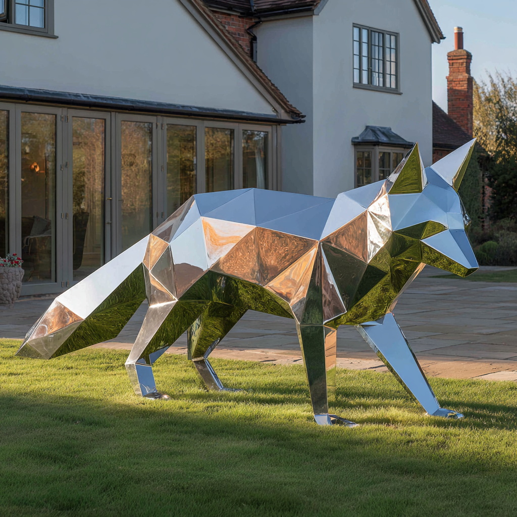stainless steel walking fox sculpture