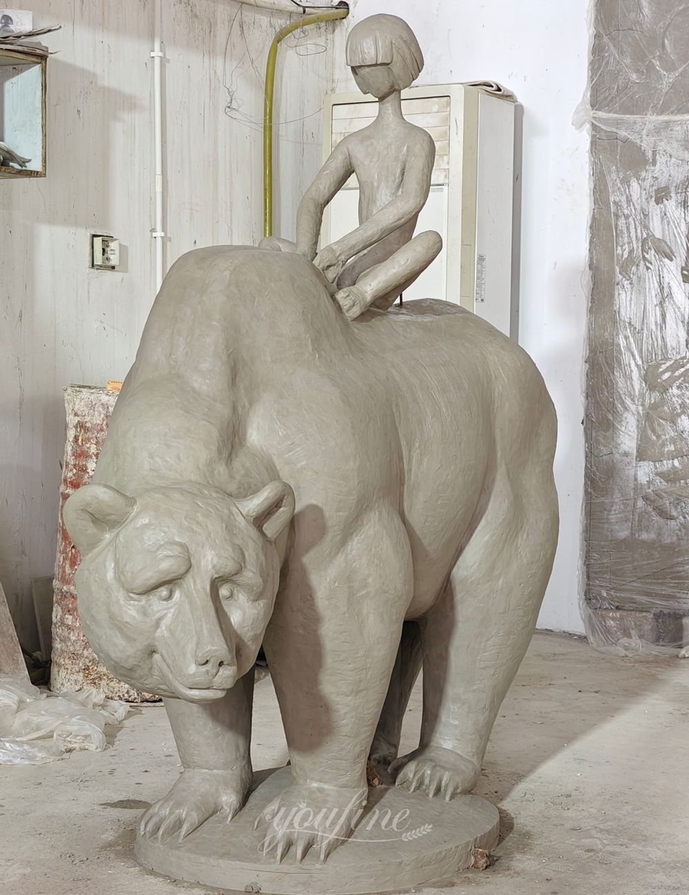 Abstract Bronze Bear and Little Boy Sculpture Clay Model