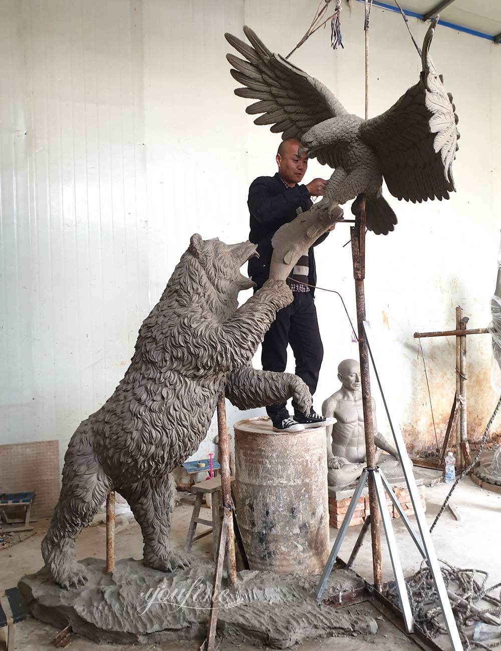 Bronze Bear Catching an Eagle Clay Model