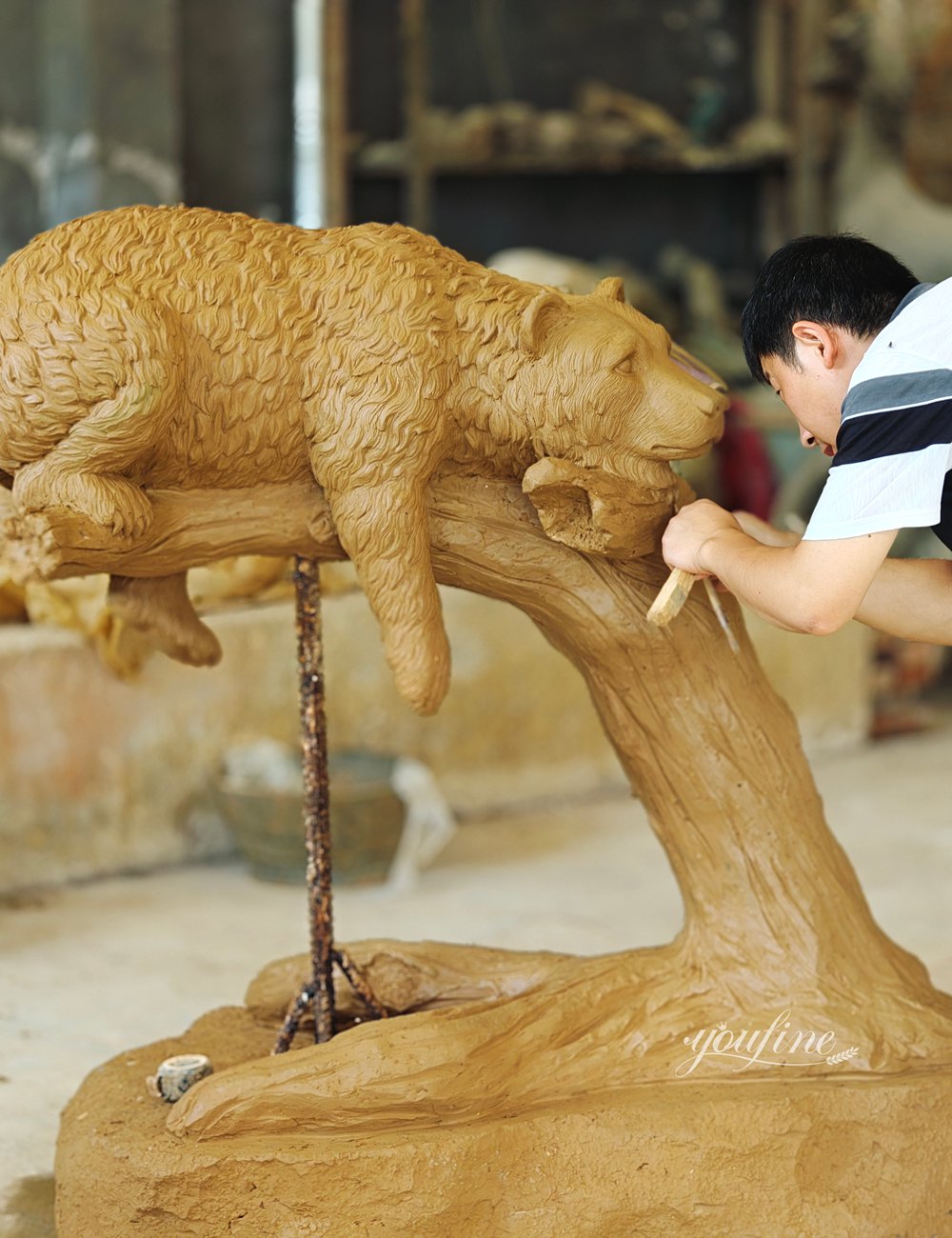 Bronze Bear Clinging to a Tree Clay Model
