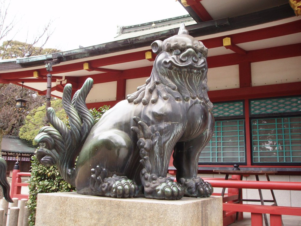 Bronze Komainu Guardian Statues at a Japanese Shrine