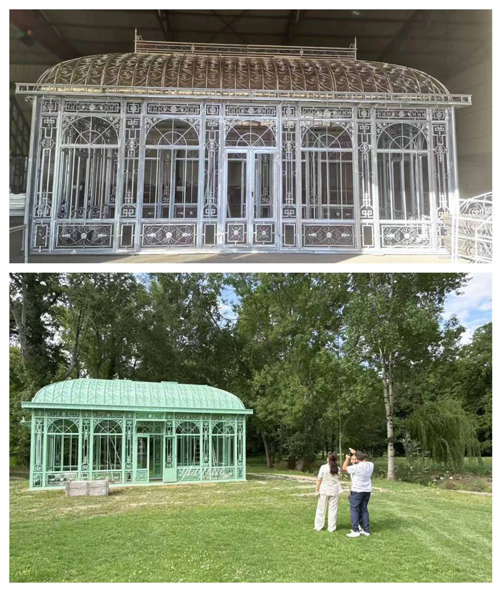 French castle Victorian-style green wrought-iron gazebo