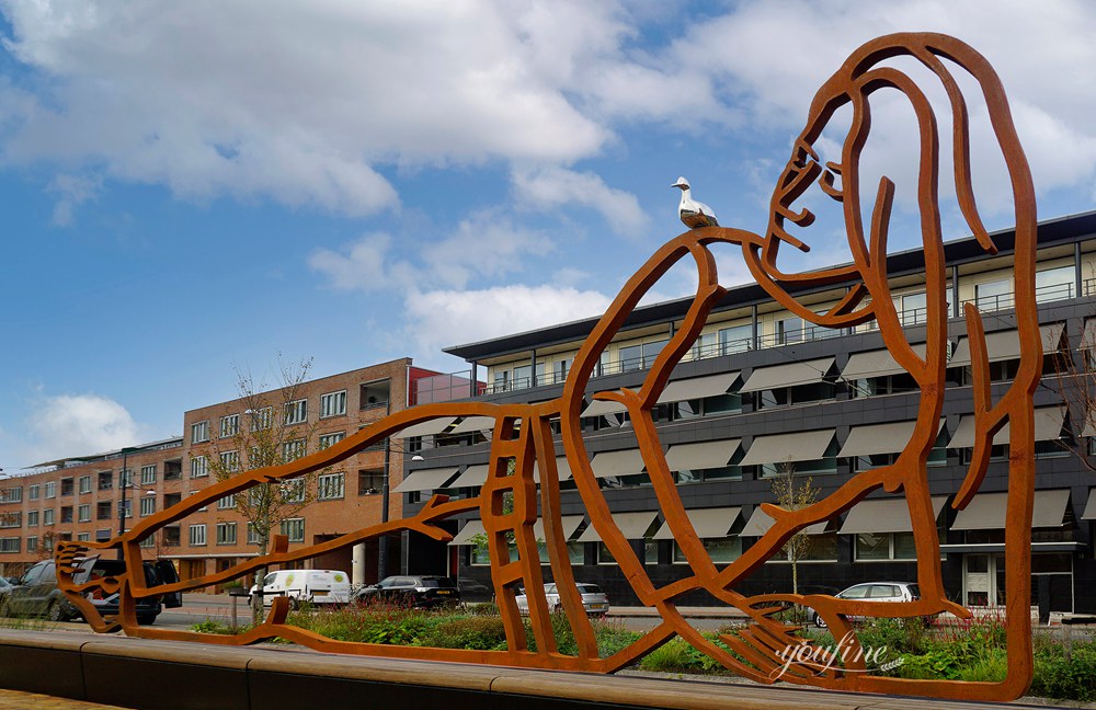 high quality Large Corten Steel woman and Stainless Steel Duck Sculptures