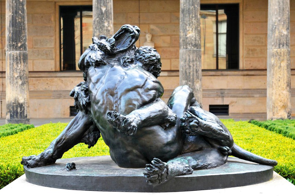 Sculpture depicting Hercules battling the Nemean Lion in Greek mythology