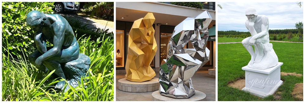 lifesize Sculptures of The Thinker in various materials are placed at various locations.