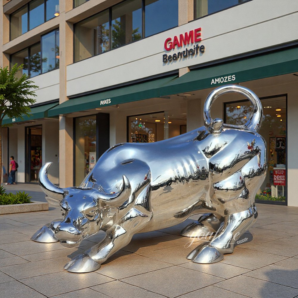 Stainless steel sculpture of the Wall Street Bull