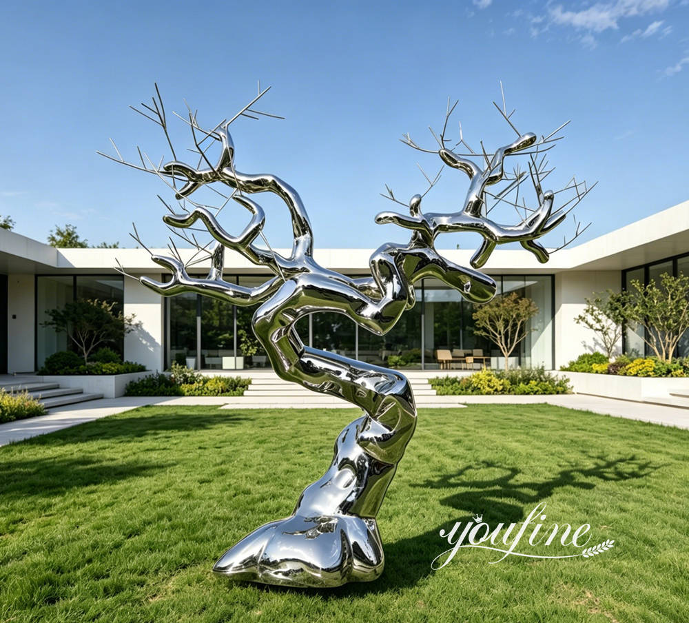 Stainless steel tree sculpture in a private garden