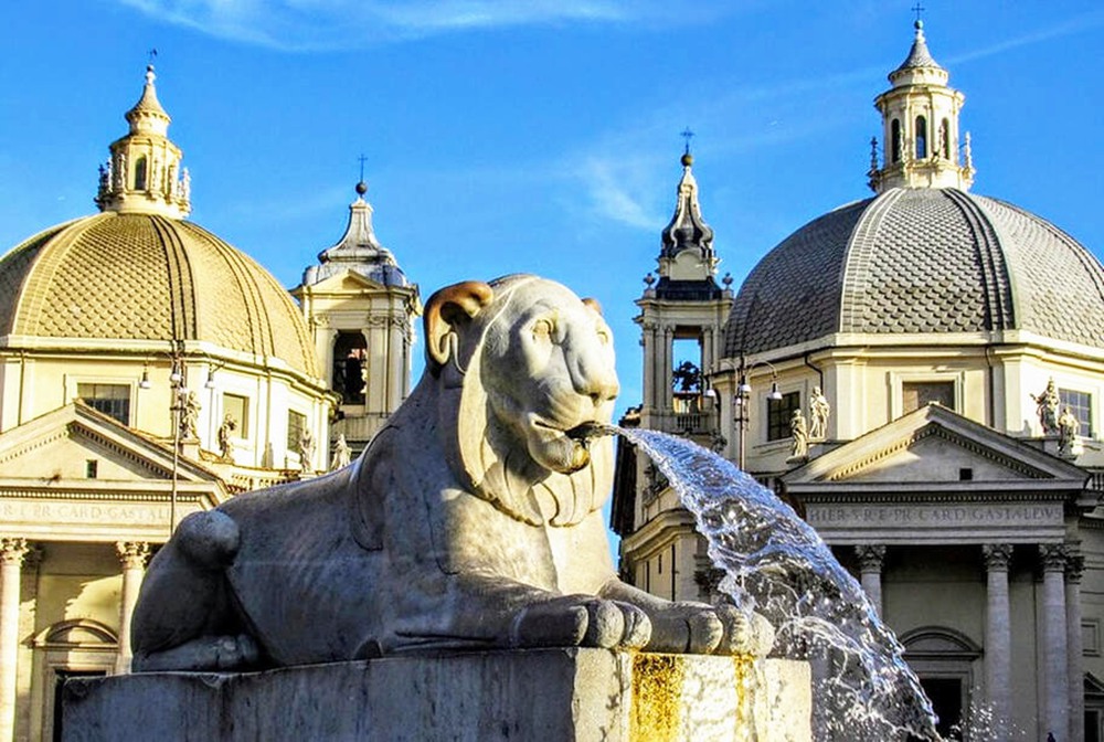 The Fountain of the Lions in Piazza del Popolo, Rome, Italy