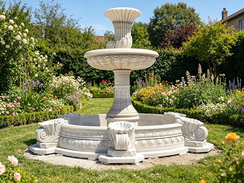 white outdoor tiered fountain