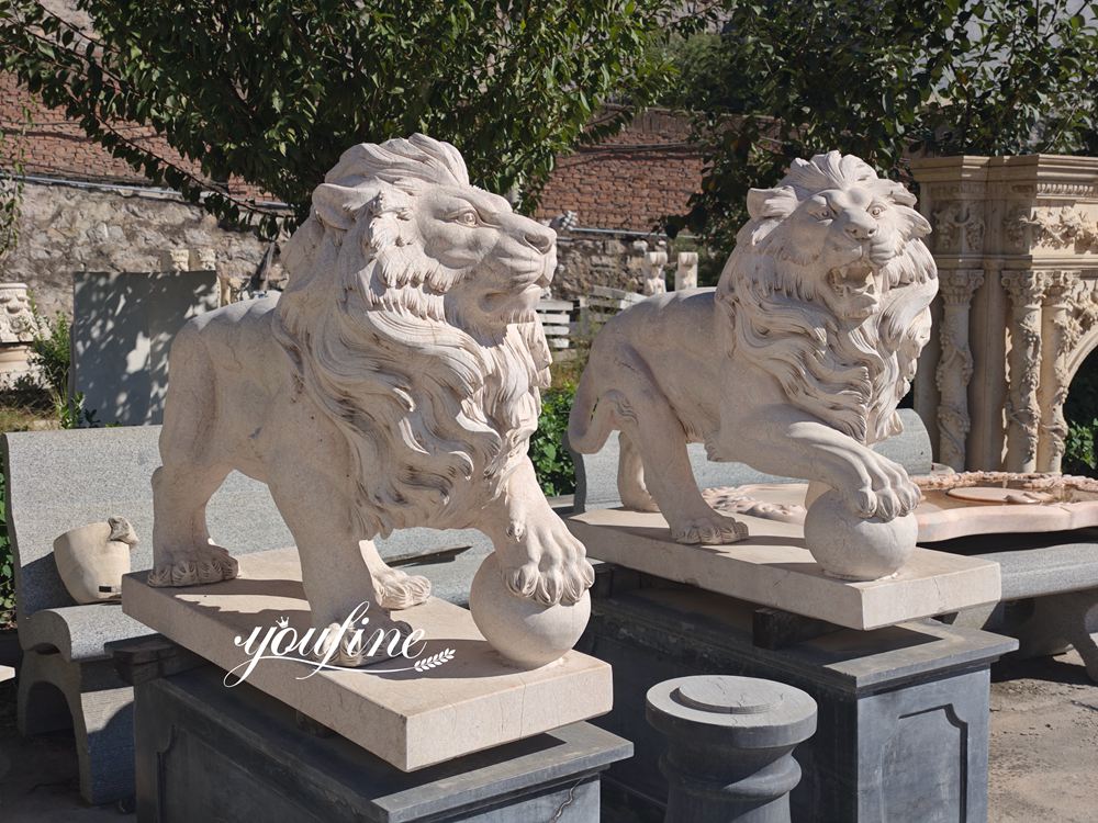 Marble Lion Playing Ball Sculpture