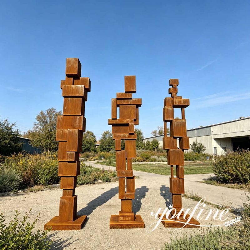 large corten steel cube sculpture