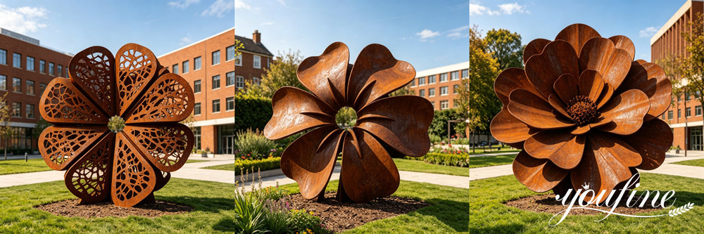 large weathering steel flower sculptures