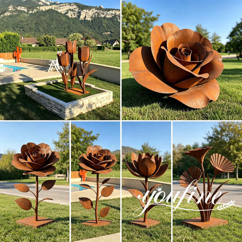 more corten steel flower sculpture
