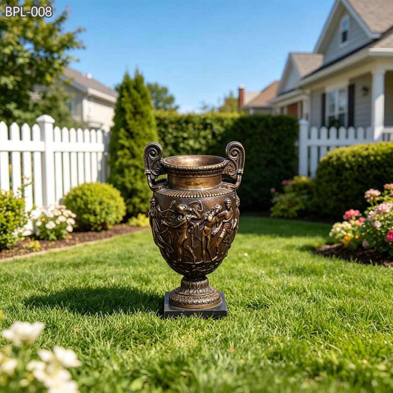 garden Pair of Factory-Cast Bronze Urns with Classical Relief