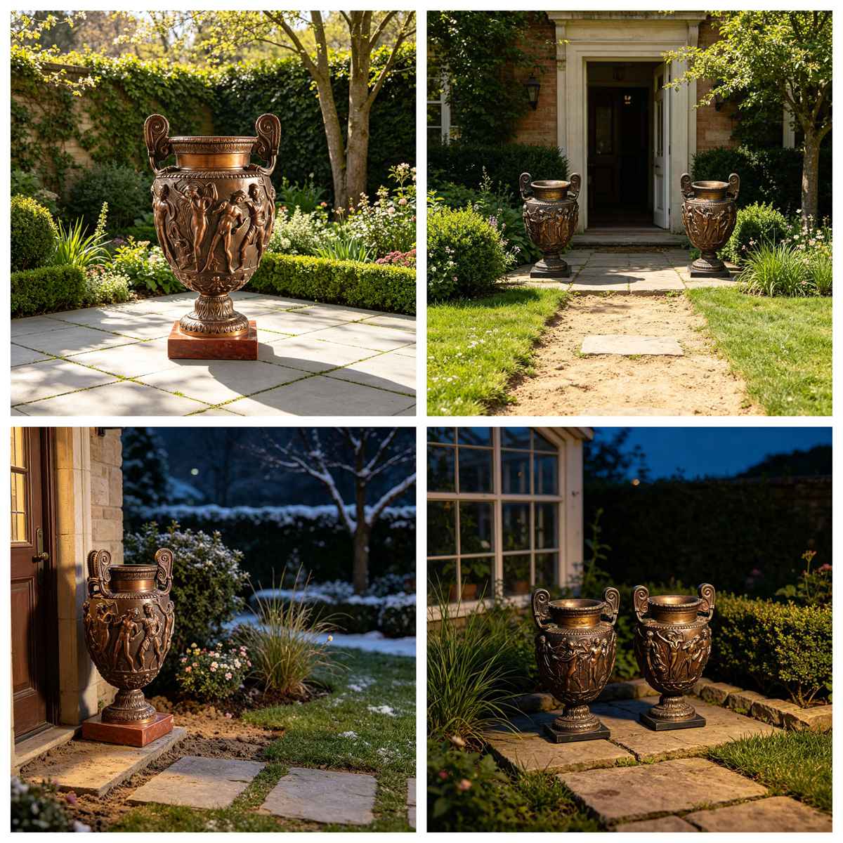 large Pair of Factory-Cast Bronze Urns with Classical Relief for outdoors