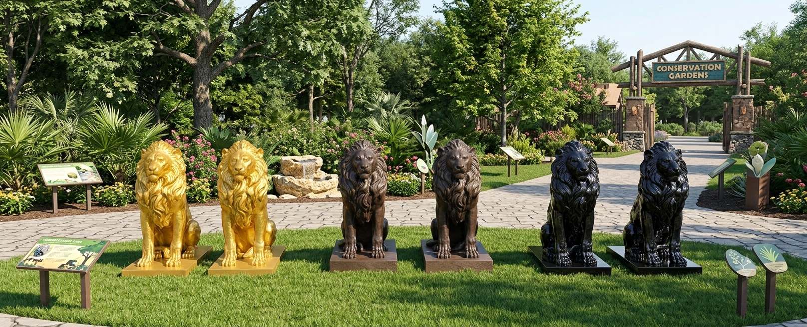 Müxtəlif rənglərdə, əyilmiş vəziyyətdə bürünc aslan heykəlləri