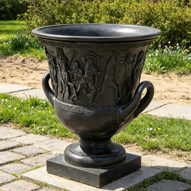 Vaso da fiori in fusione con rilievo di una battaglia greca