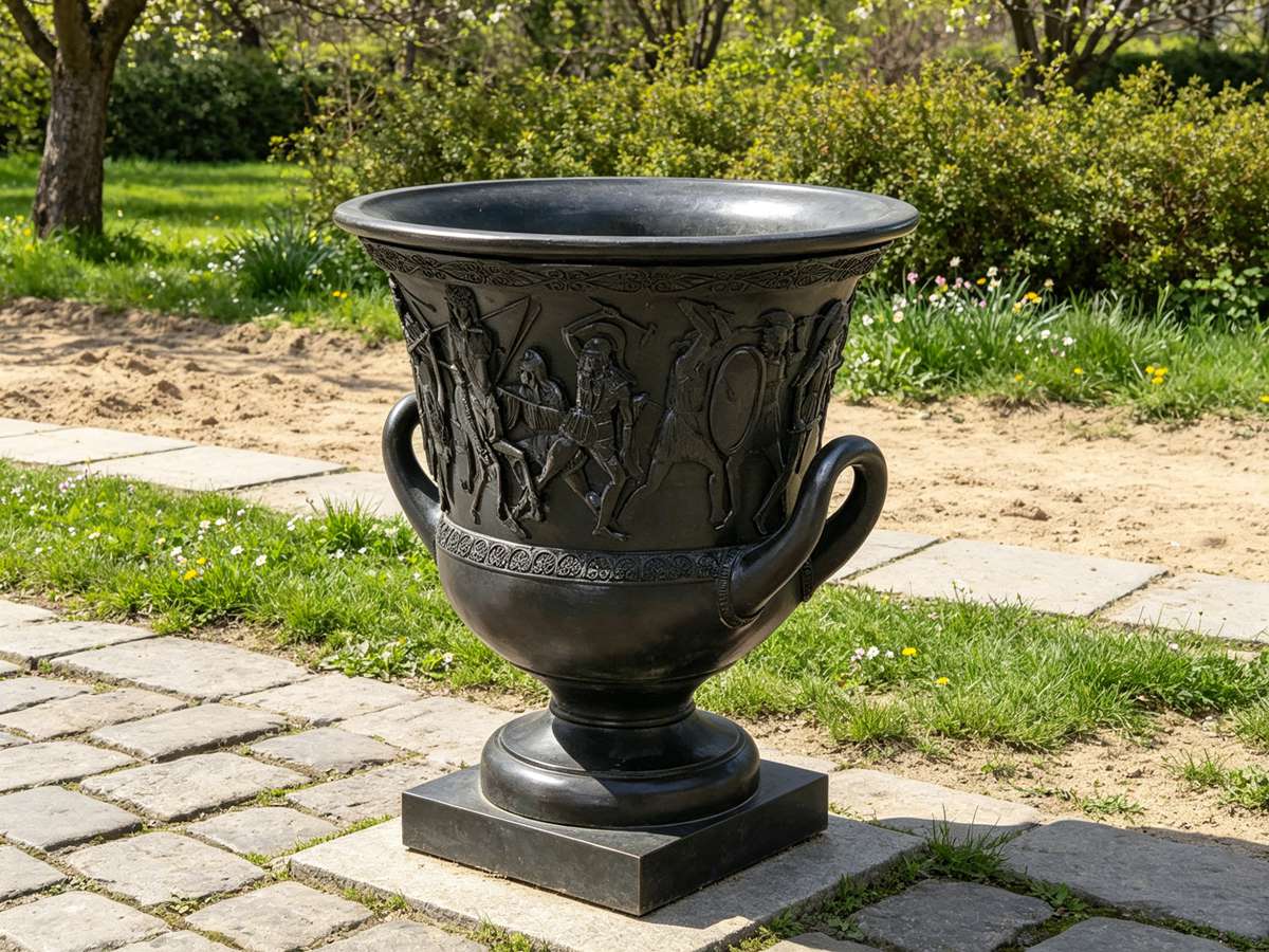 black bronze Cast Flower Pot with Greek Battle Relief
