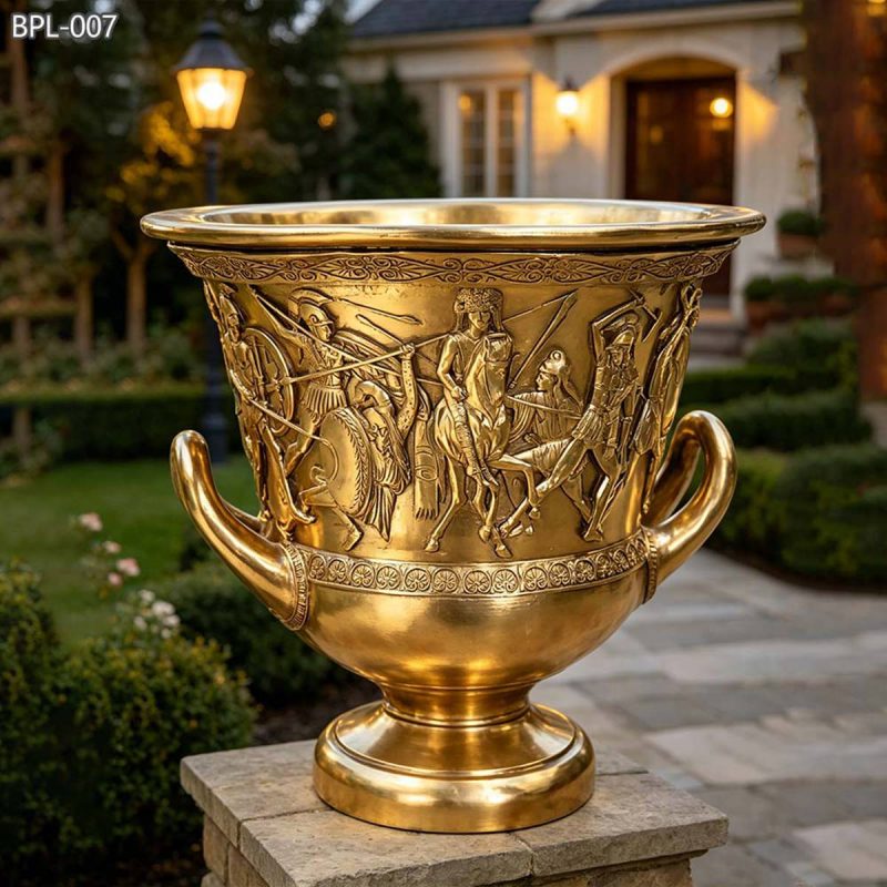 golden bronze Cast Flower Pot with Greek Battle Relief