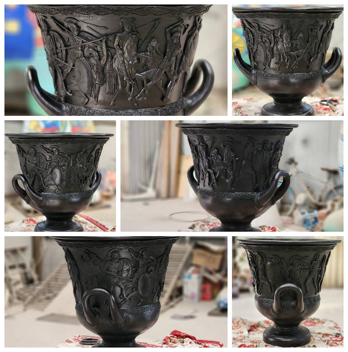 details of bronze Cast Flower Pot with Greek Battle Relief