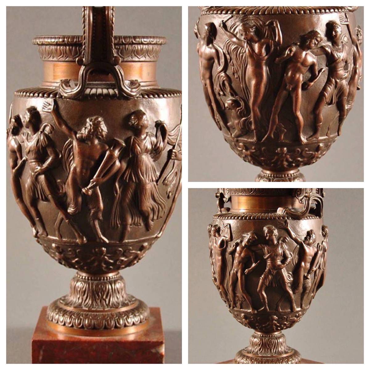 details of Pair of Factory-Cast Bronze Urns with Classical Relief