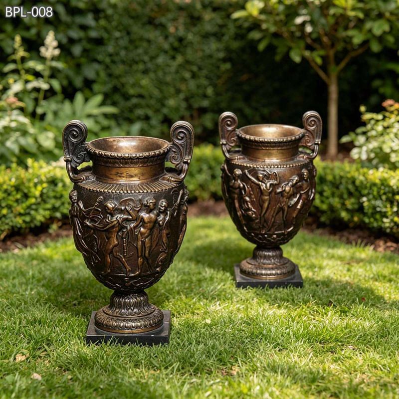 high quality Pair of Factory-Cast Bronze Urns with Classical Relief