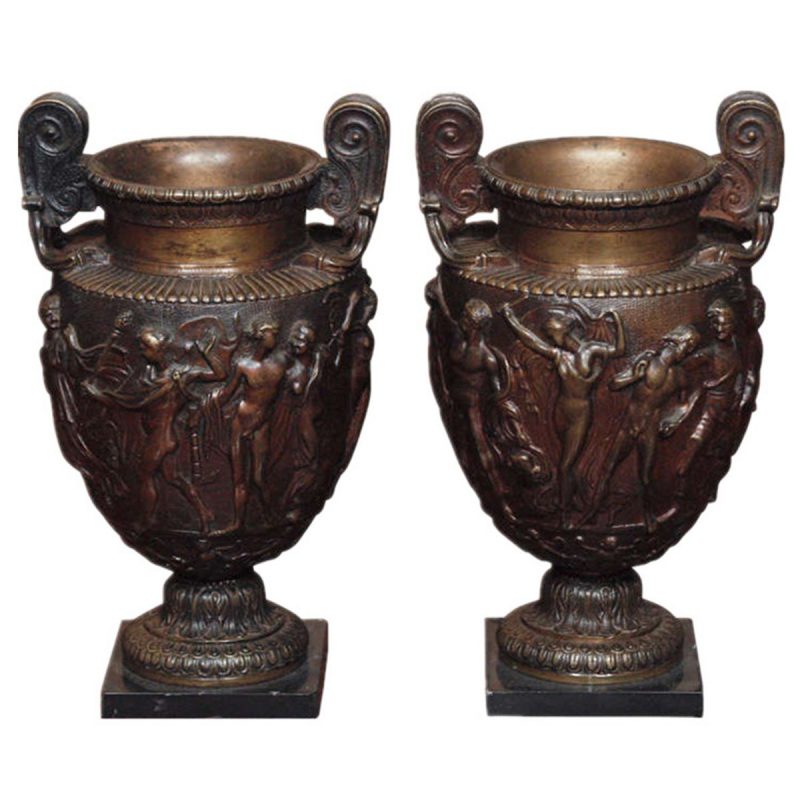 large Pair of Factory-Cast Bronze Urns with Classical Relief