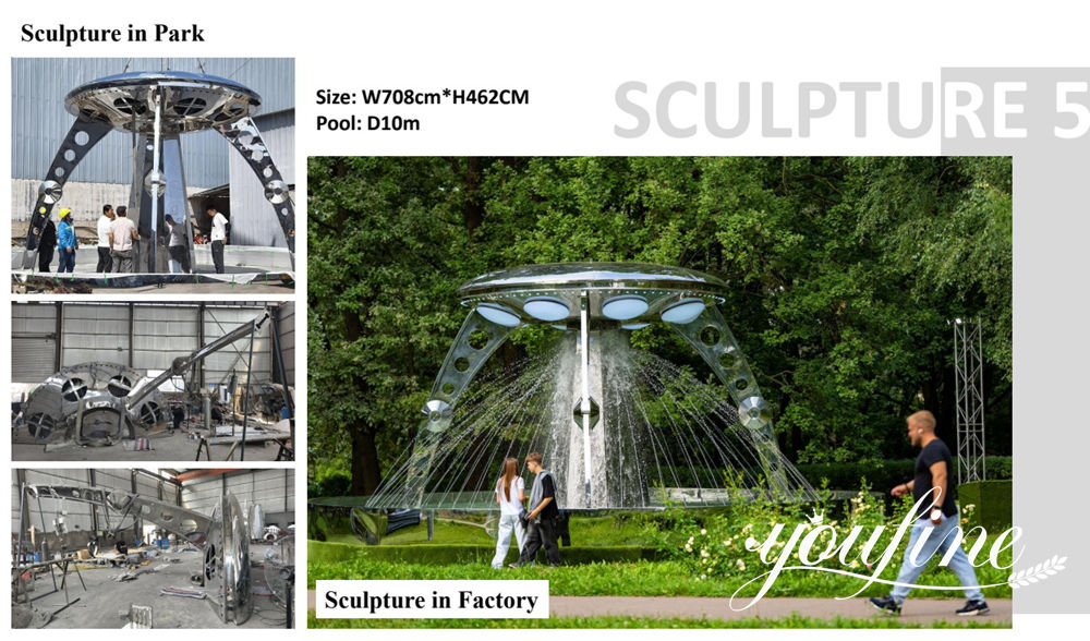 Scultura a forma di astronave in acciaio inossidabile per un progetto di parco.
