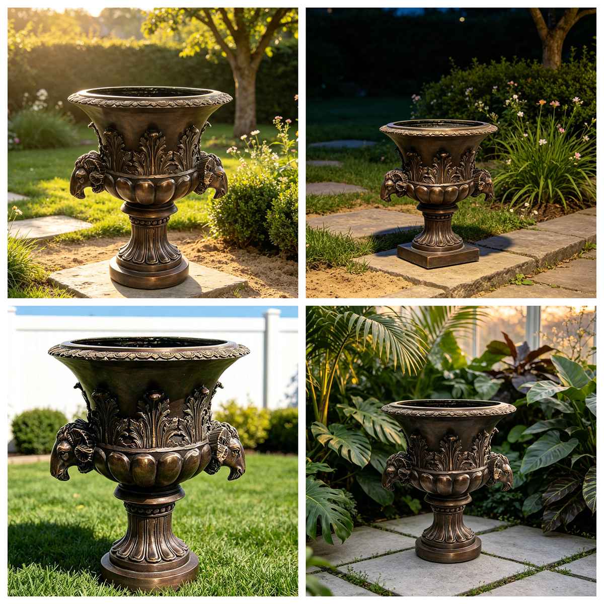 Bronze Ram Head Urn Pot in different scenery