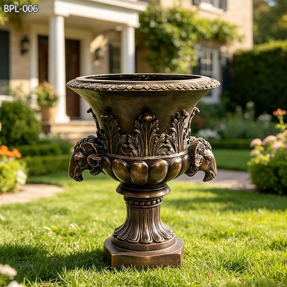 villa yard Bronze Ram Head Urn Pot