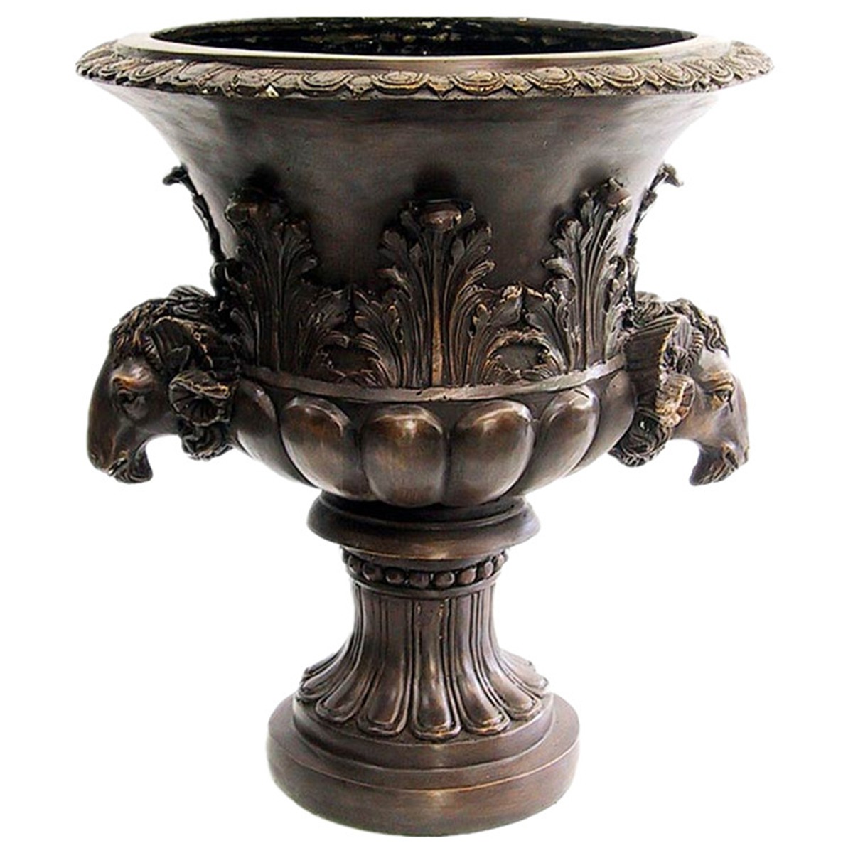 vivid details of Bronze Ram Head Urn Pot