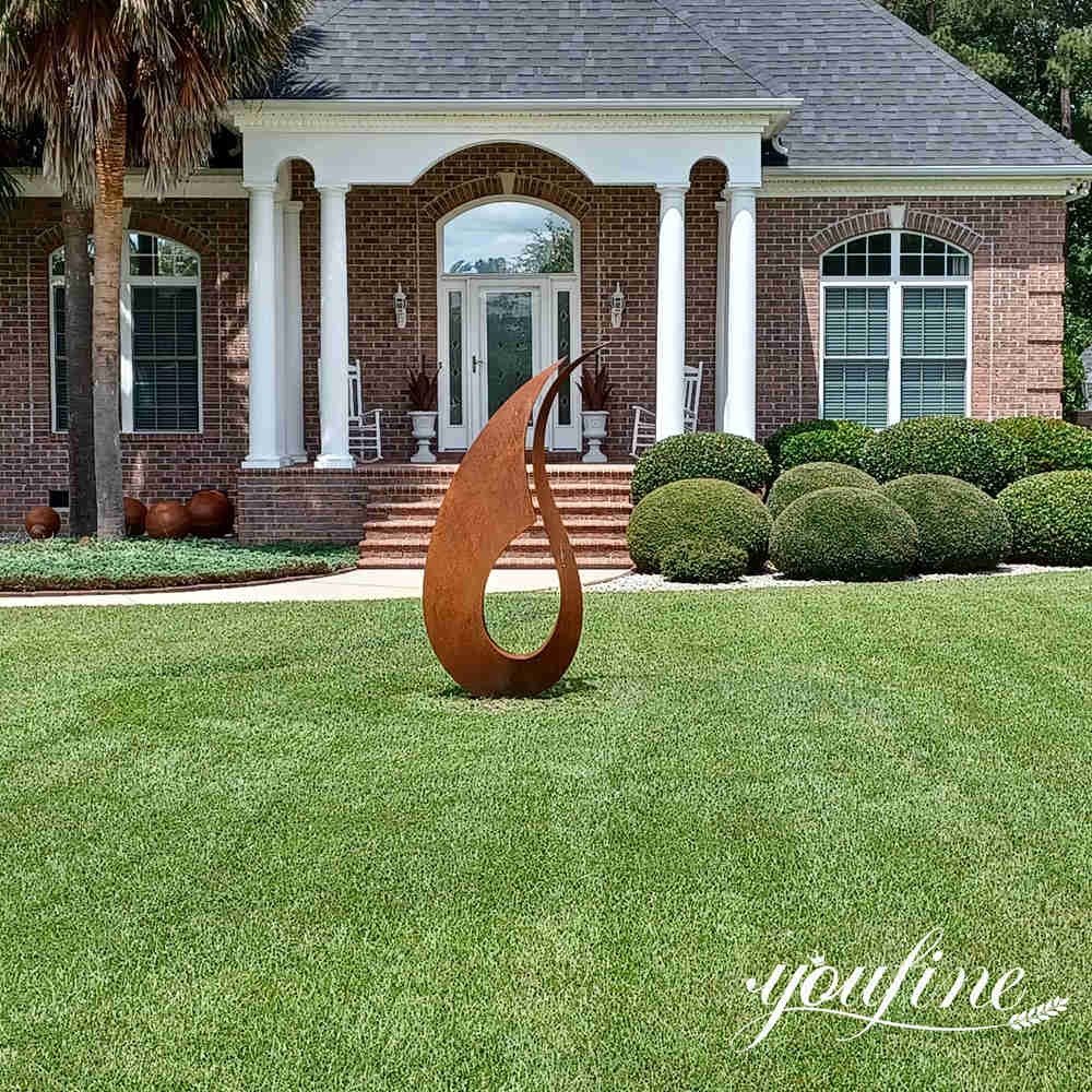 Corten steel sculpture installed in home lawn in the United States