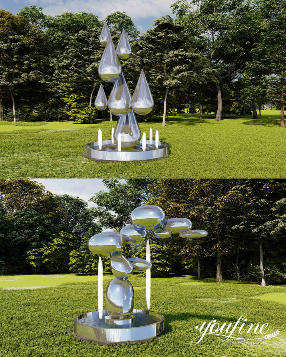 Rendering 3D di una grande scultura a forma di goccia d'acqua.