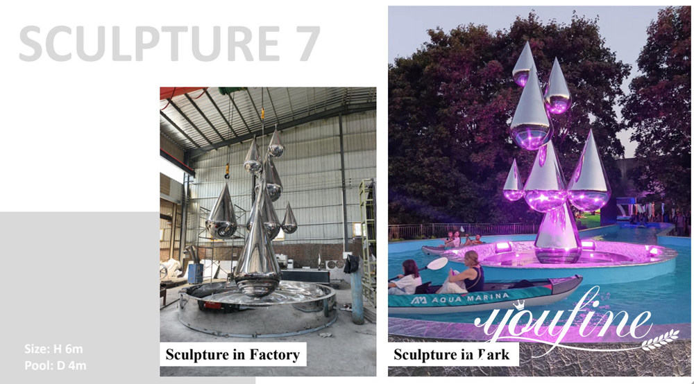 Grande scultura a forma di goccia d'acqua in acciaio inossidabile per un progetto di parco.