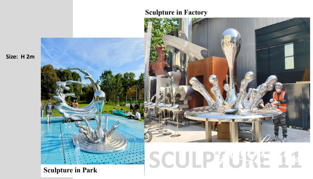 Scultura in acciaio inossidabile con spruzzi d'acqua per un progetto di parco.