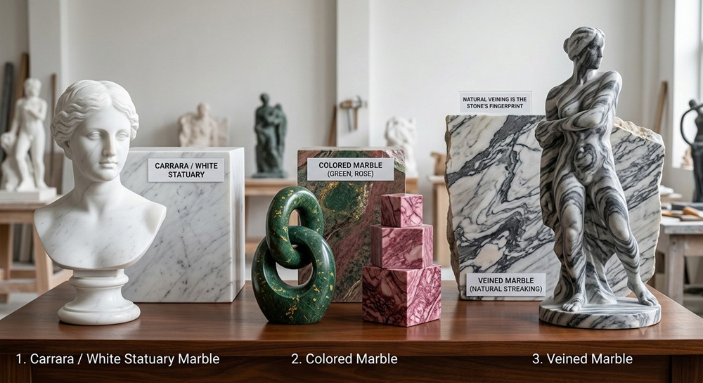 Comparaison des matériaux de sculpture : marbre blanc de Carrare, marbre coloré et marbre veiné