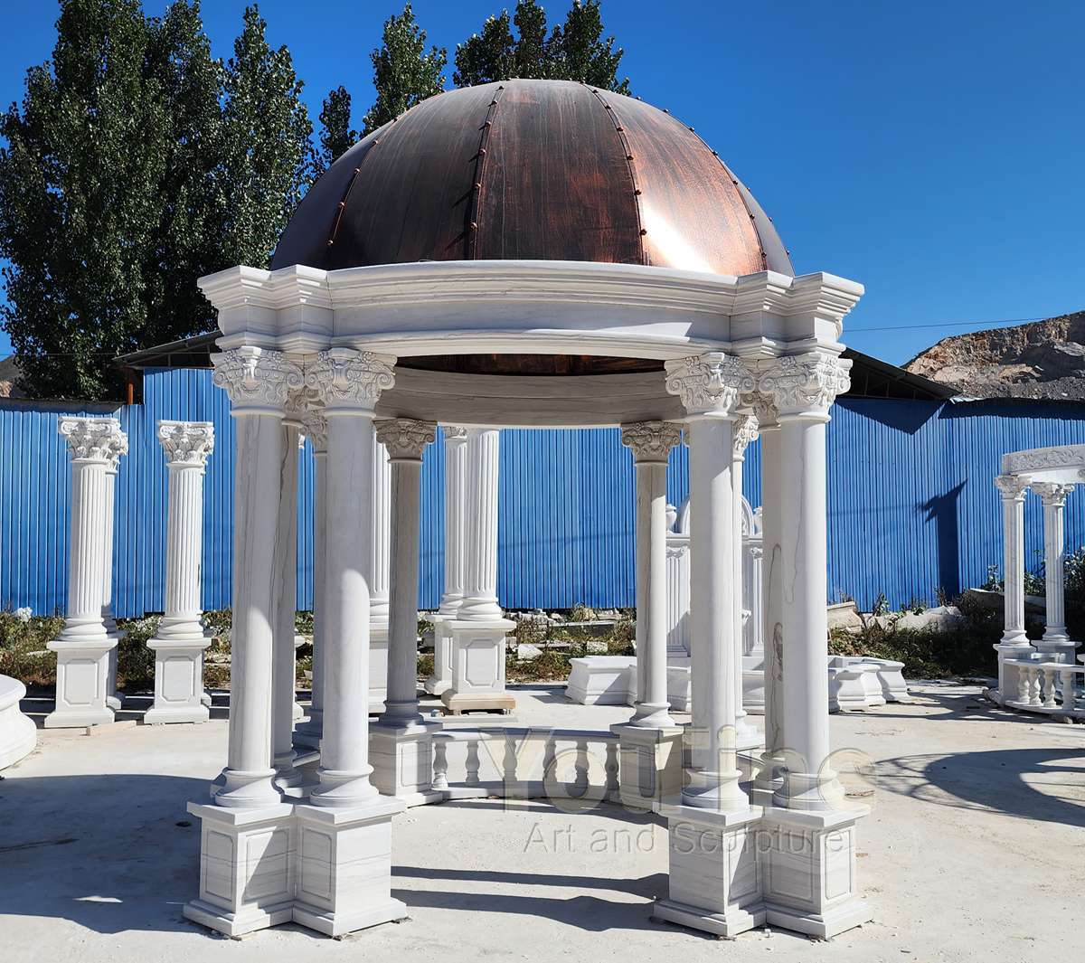 hand carved White Marble Garden Gazebo with Solid Metal Dome