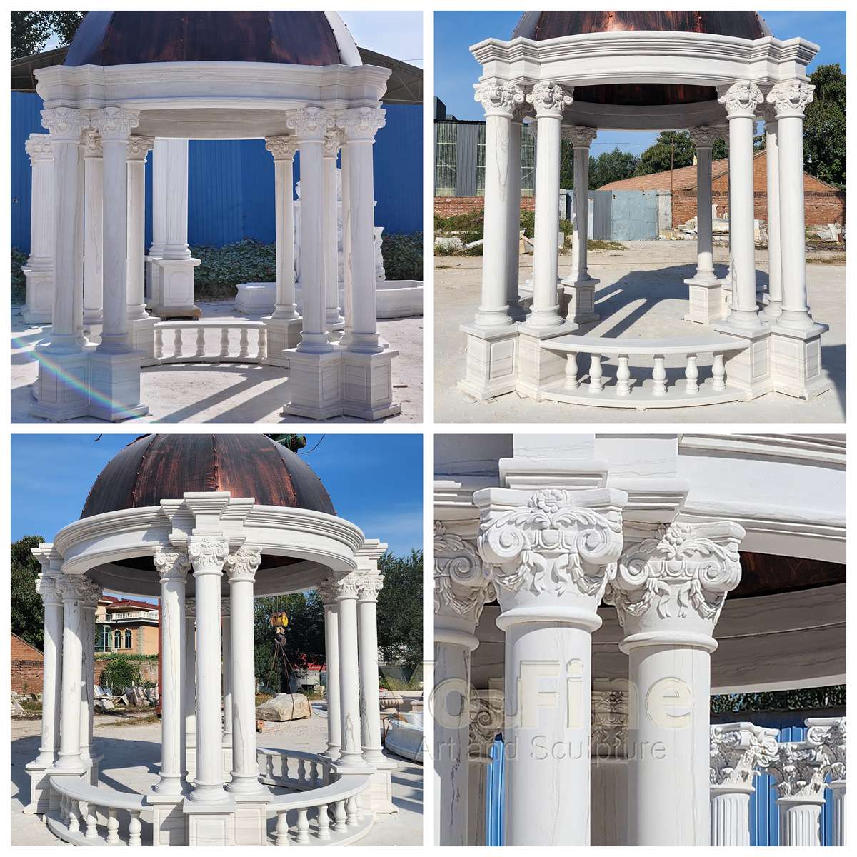 White Marble Garden Gazebo with Solid Metal Dome