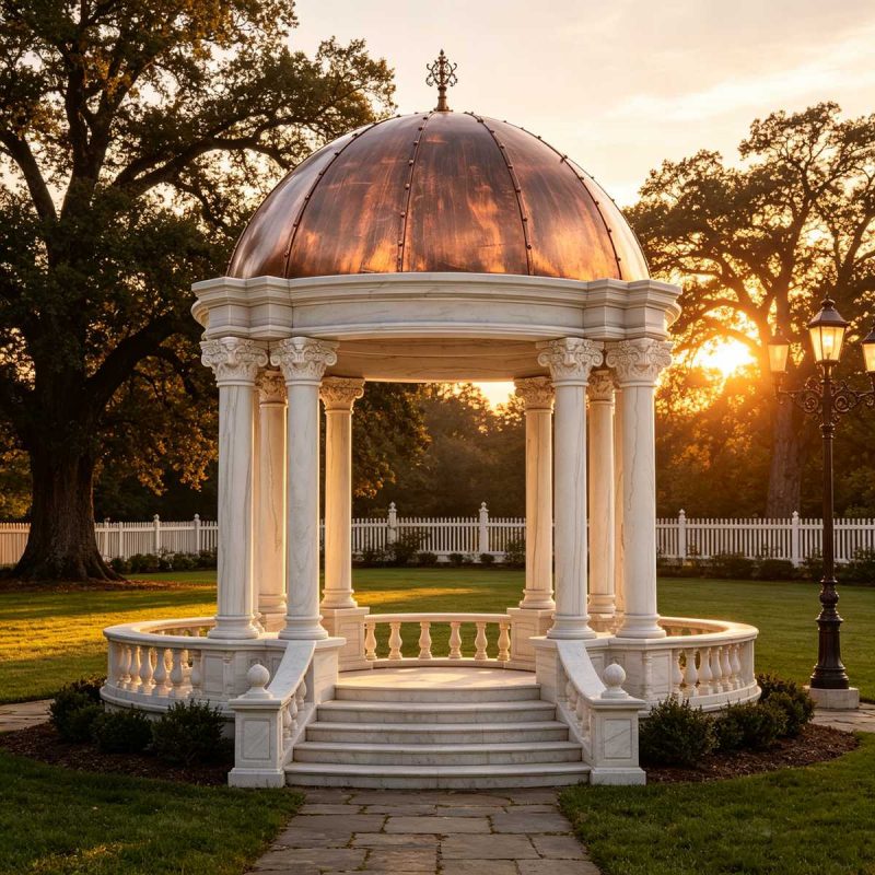 White Marble Garden Gazebo with Solid Metal Dome