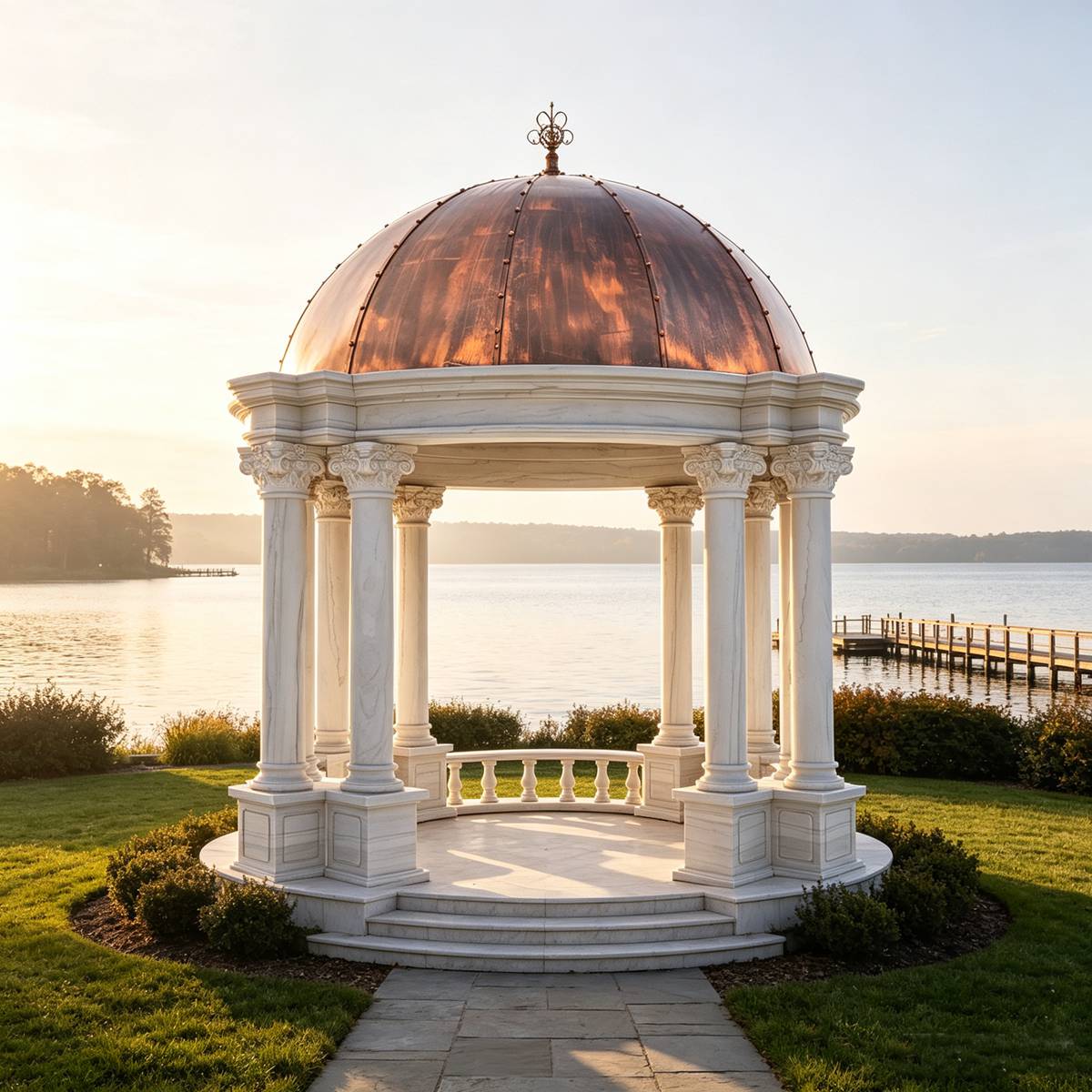 White Marble Garden Gazebo with Solid Metal Dome