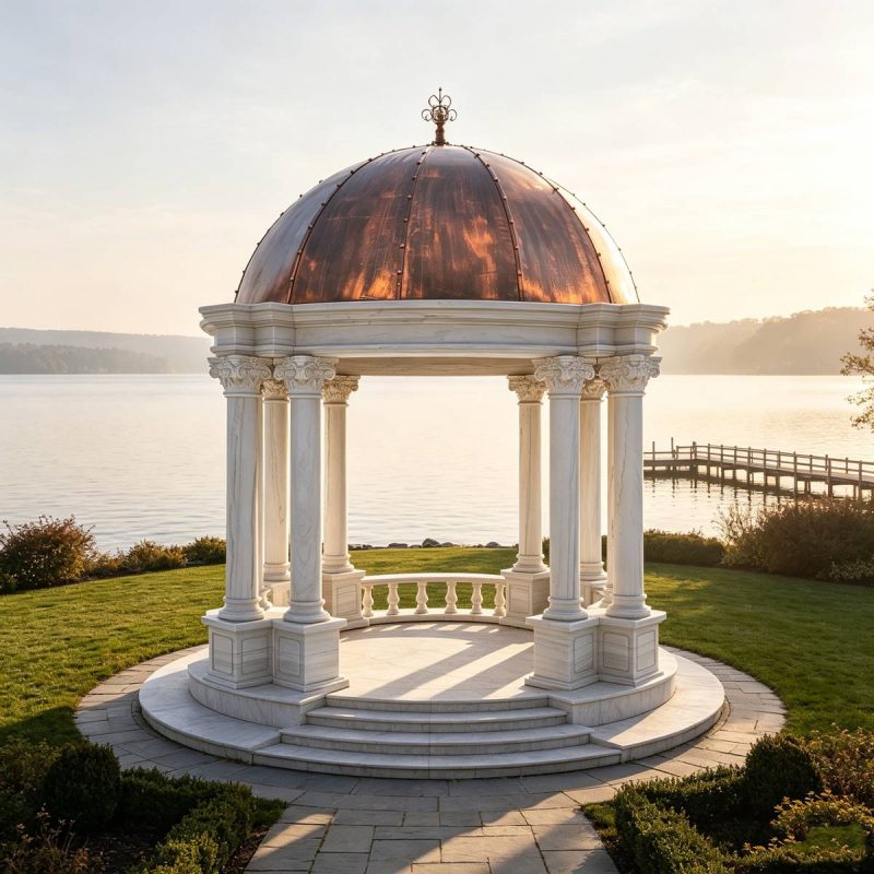 White Marble Garden Gazebo with Solid Metal Dome for seaside